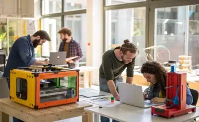 Un groupe de personnes dans un atelier moderne, utilisant des outils high-tech et des matériaux durables, travaillant sur des projets de design, de rénovation et d’aménagement